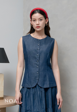 JINZU Denim & Cotton Button Sleeveless Blouse