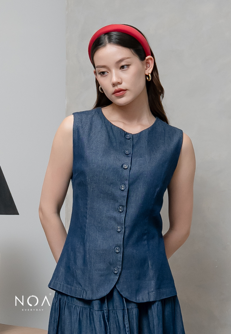 JINZU Denim & Cotton Button Sleeveless Blouse