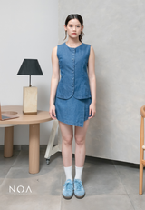 JINZU Denim & Cotton Button Sleeveless Blouse
