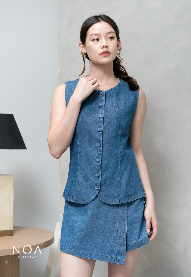 JINZU Denim & Cotton Button Sleeveless Blouse