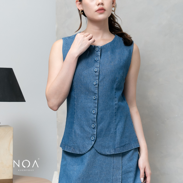 JINZU Denim & Cotton Button Sleeveless Blouse