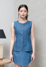 JINZU Denim & Cotton Button Sleeveless Blouse