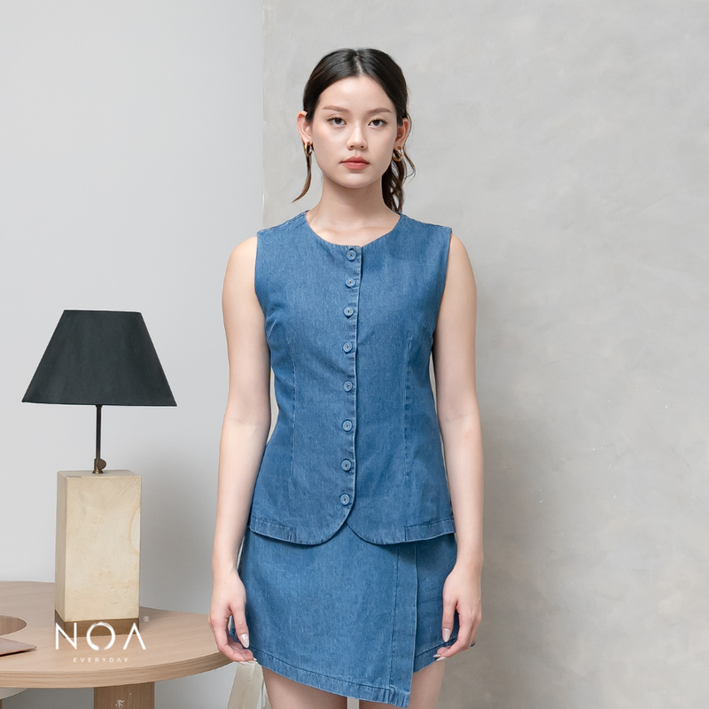 JINZU Denim & Cotton Button Sleeveless Blouse