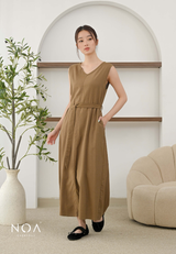 ICHIKA Linen Sleeveless Maxi Dress with Belt