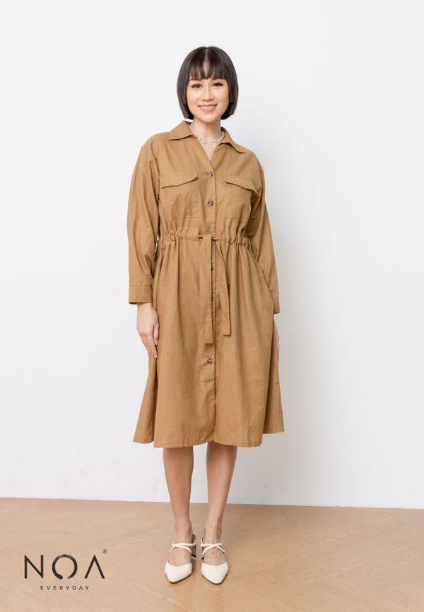 TAKANE Drawstring Linen Shirt Dress - Brown