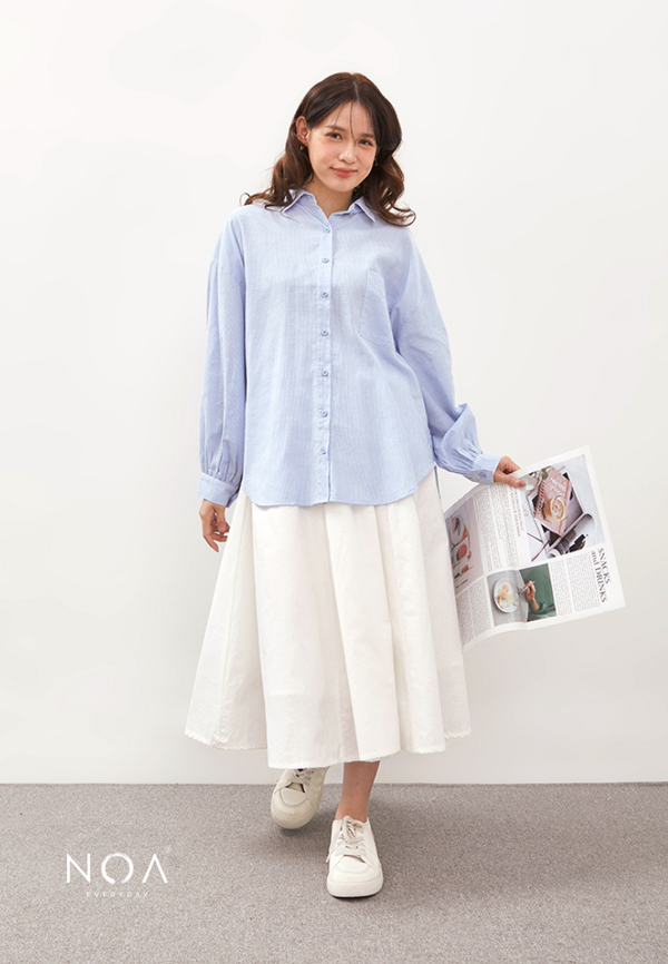 NISHI Cotton Striped Oversized Basic Shirt - Denim