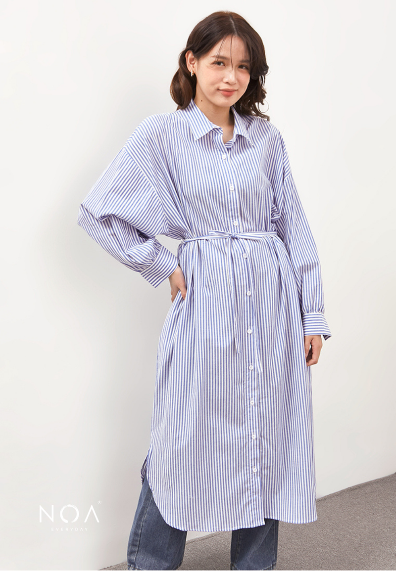 NIYOKO Striped Shirt Dress With Belt - Stripe Blue