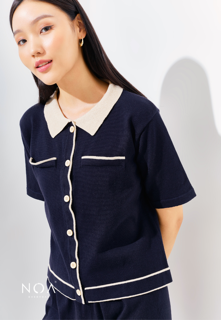 YASUKO Polo Buttoned Knitted Blouse - Navy