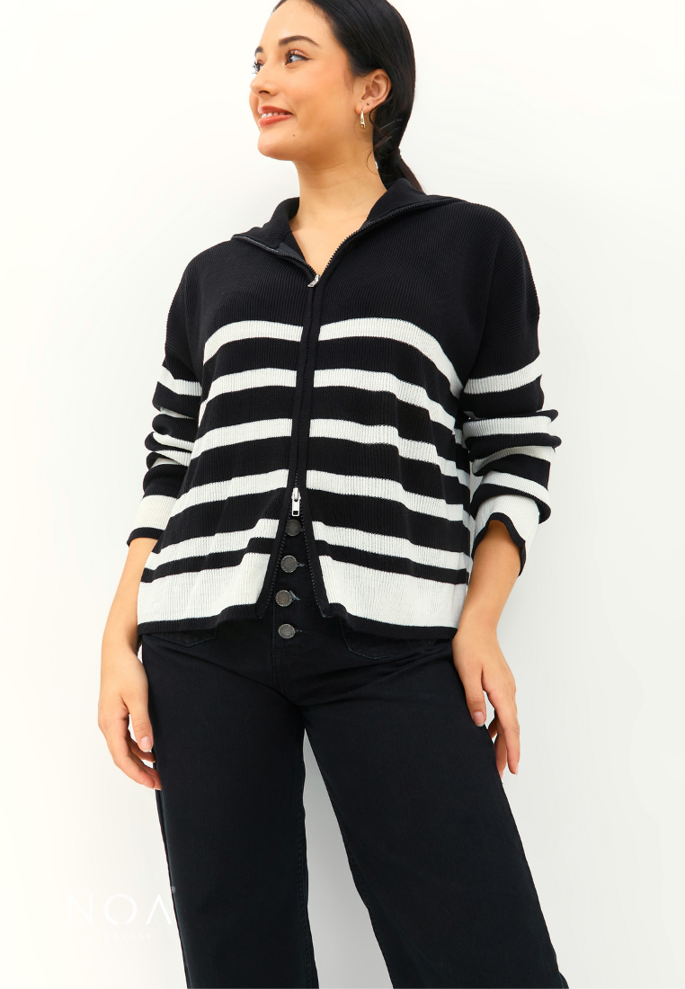 RIKUNI Striped Knitted Cardigan - Black