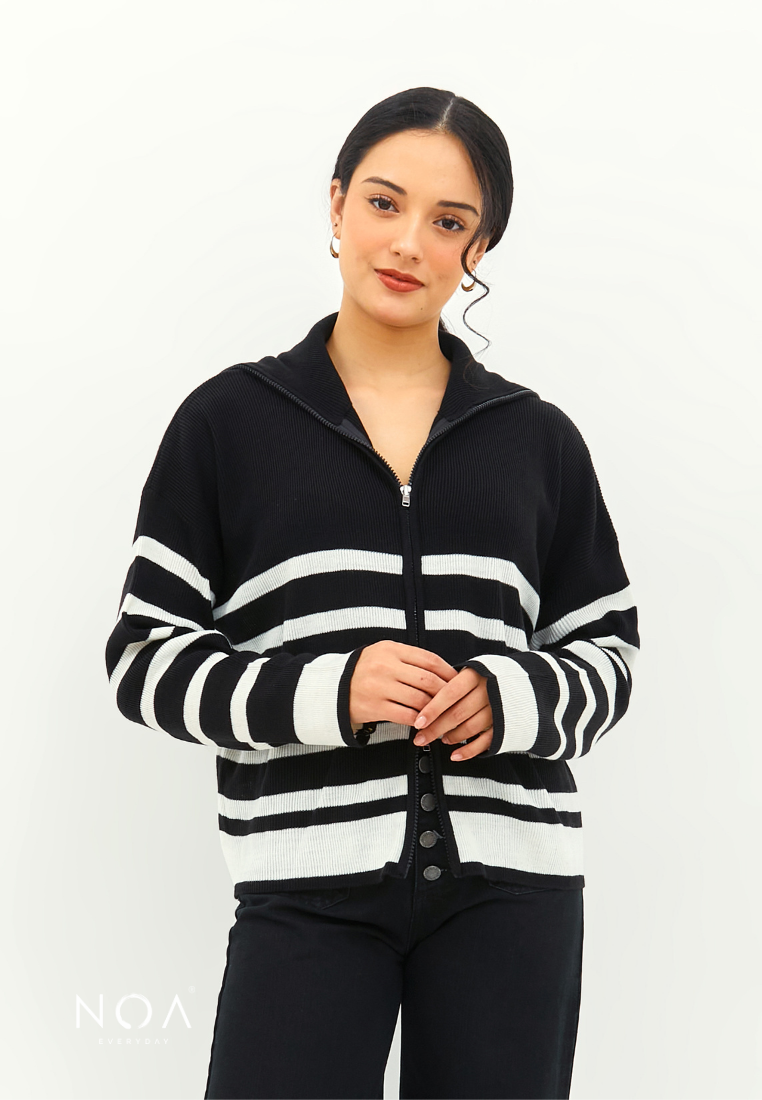 RIKUNI Striped Knitted Cardigan - Black