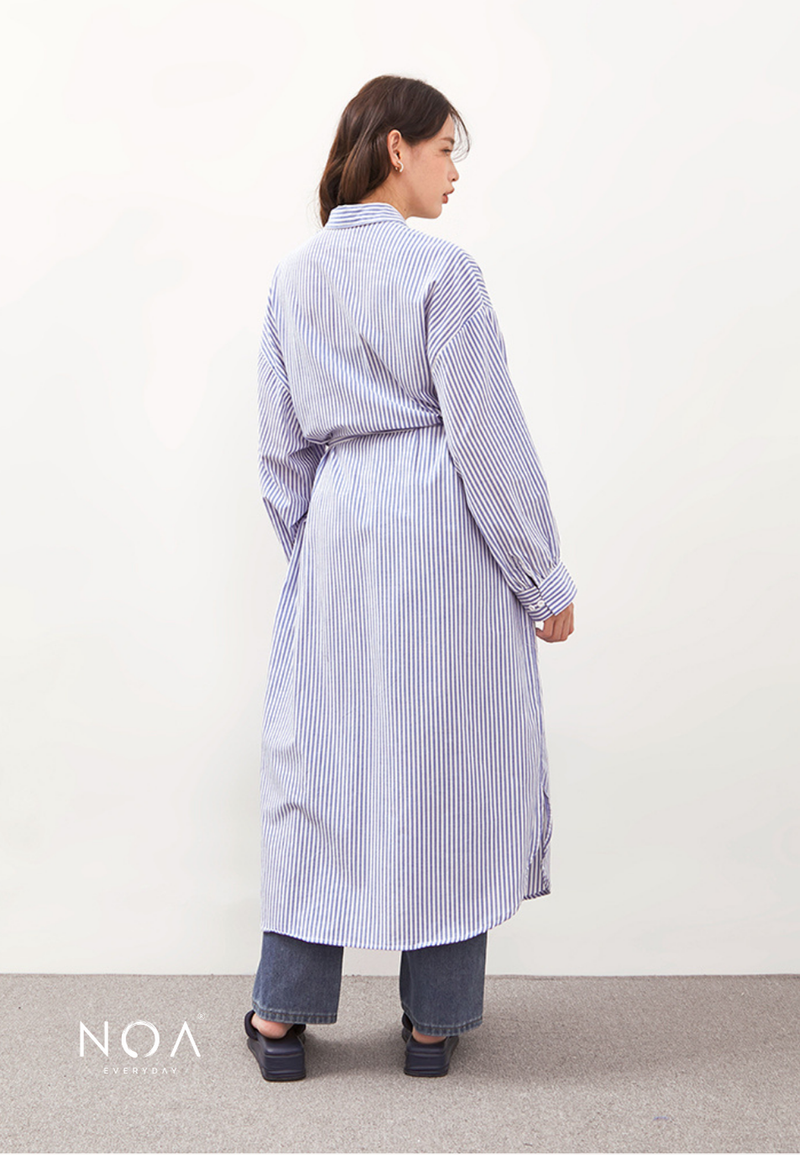 NIYOKO Striped Shirt Dress With Belt - Stripe Blue