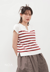 RYO Knitted Stripe V Neckline Sleeveless Blouse - Red