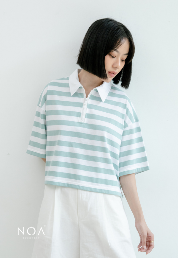 KIMIYO Striped Zipper Collar T-Shirt