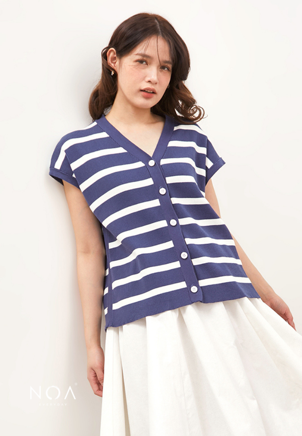 CHIZUE Striped V Neck Knitted Blouse - Denim