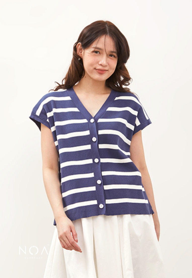 CHIZUE Striped V Neck Knitted Blouse - Denim