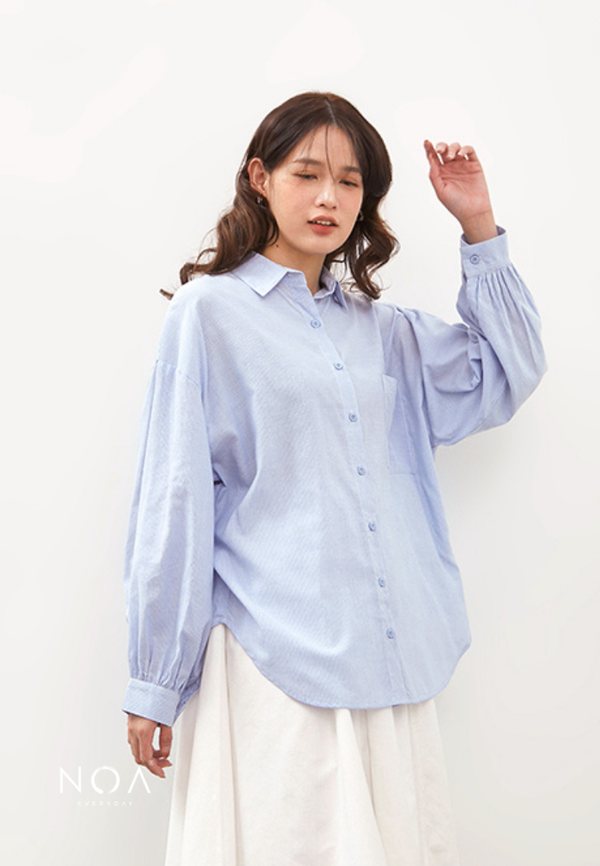 NISHI Cotton Striped Oversized Basic Shirt - Denim