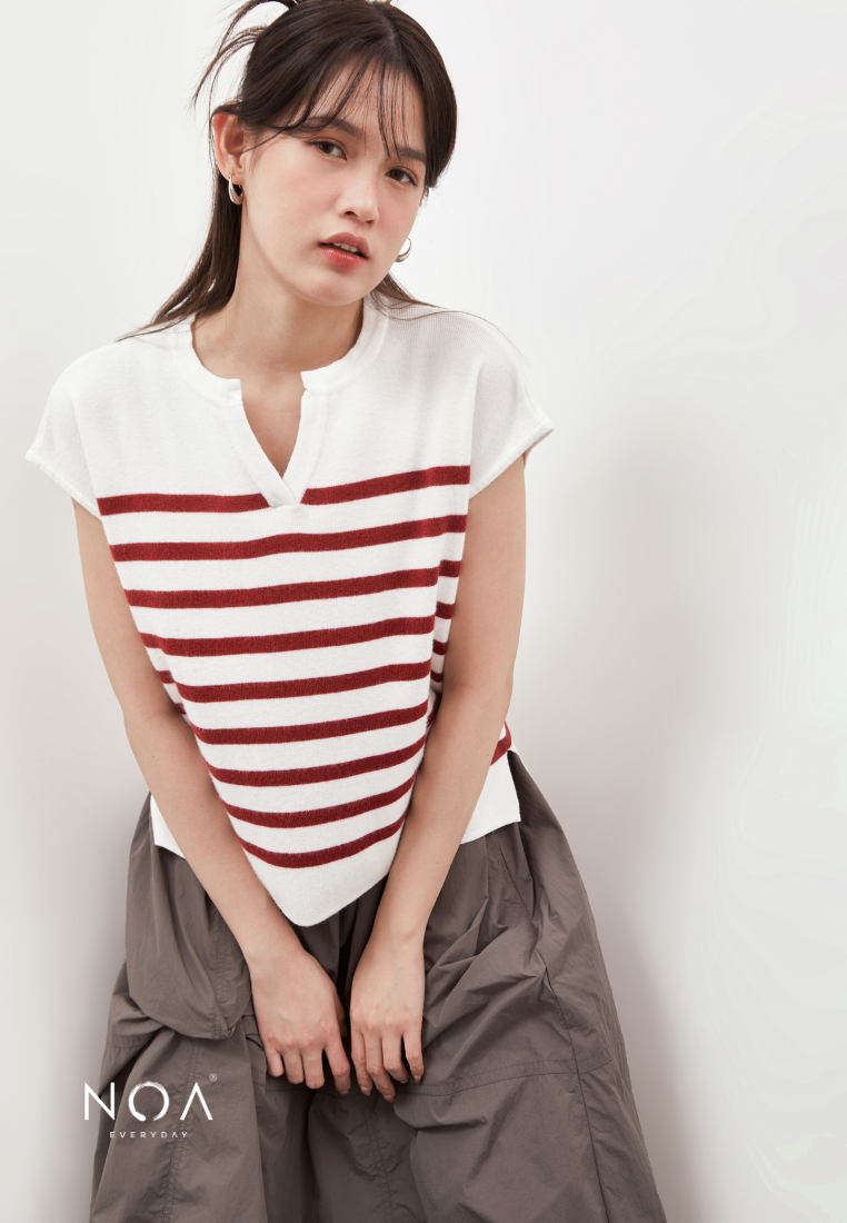 RYO Knitted Stripe V Neckline Sleeveless Blouse - Red