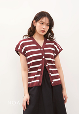 CHIZUE Striped V Neck Knitted Blouse - Red