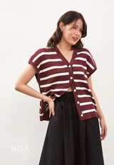 CHIZUE Striped V Neck Knitted Blouse - Red