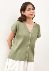 CHIZUE Plain V Neck Knitted Blouse - Light Green