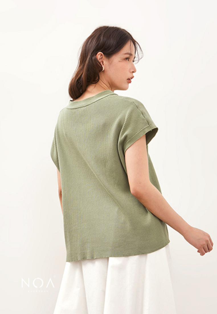 CHIZUE Plain V Neck Knitted Blouse - Light Green