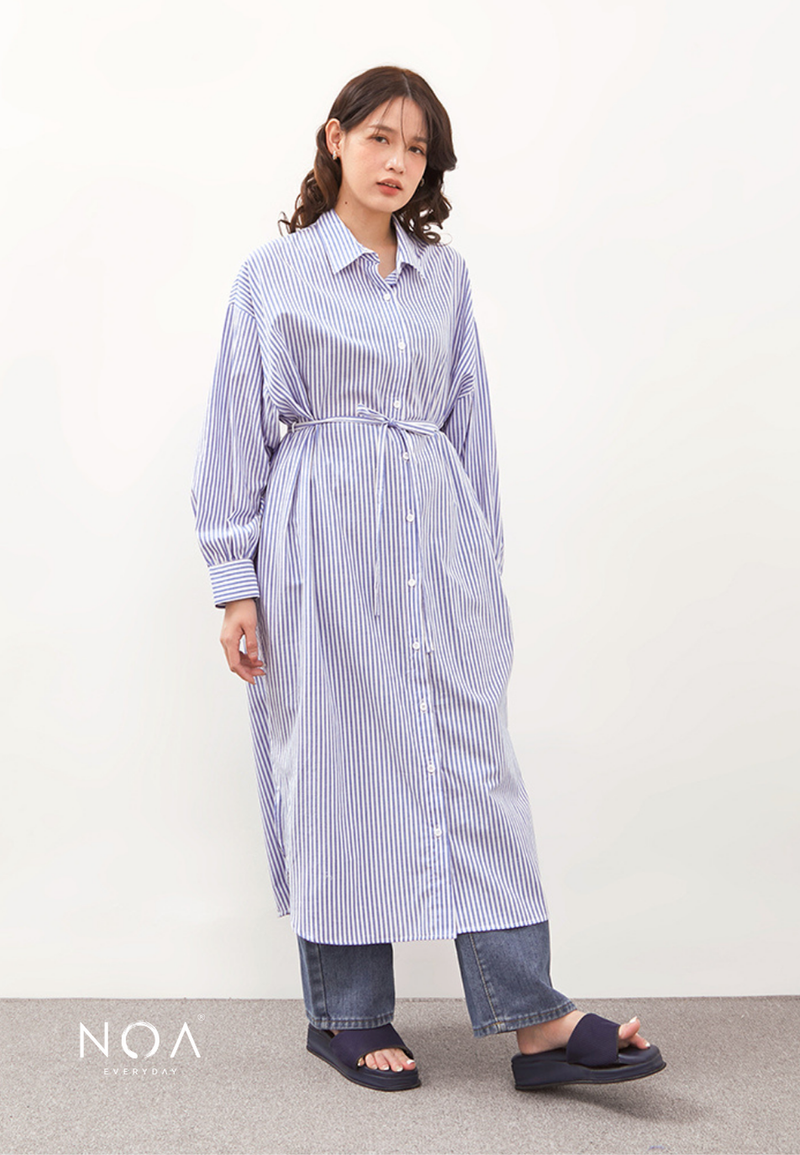 NIYOKO Striped Shirt Dress With Belt - Stripe Blue