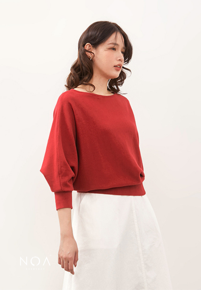 HAZUKI Batwing Knitted Blouse - Red