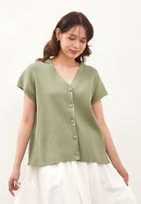 CHIZUE Plain V Neck Knitted Blouse - Light Green