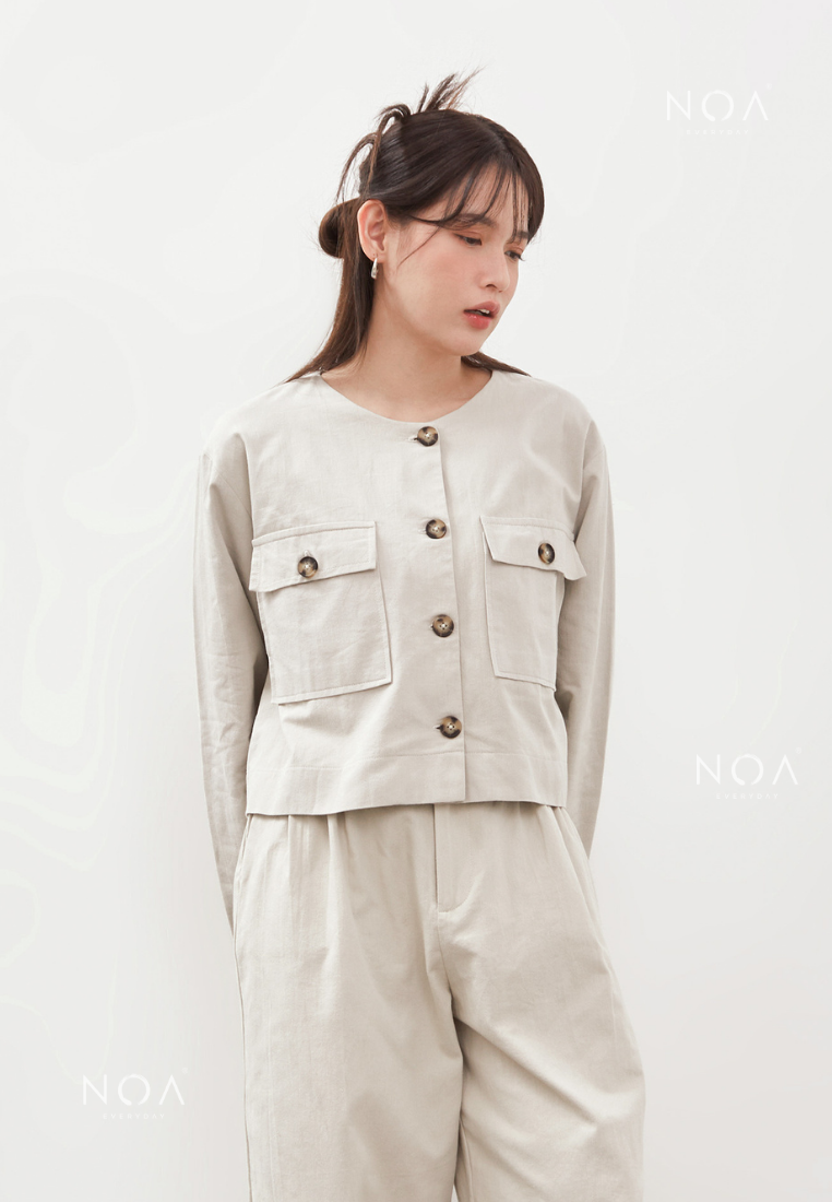 AERI Linen Button Longsleeve Blouse - Light Cream