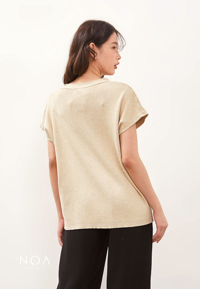 CHIZUE Plain V Neck Knitted Blouse - Cream