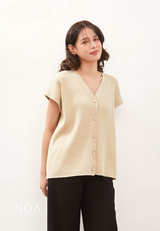 CHIZUE Plain V Neck Knitted Blouse - Cream