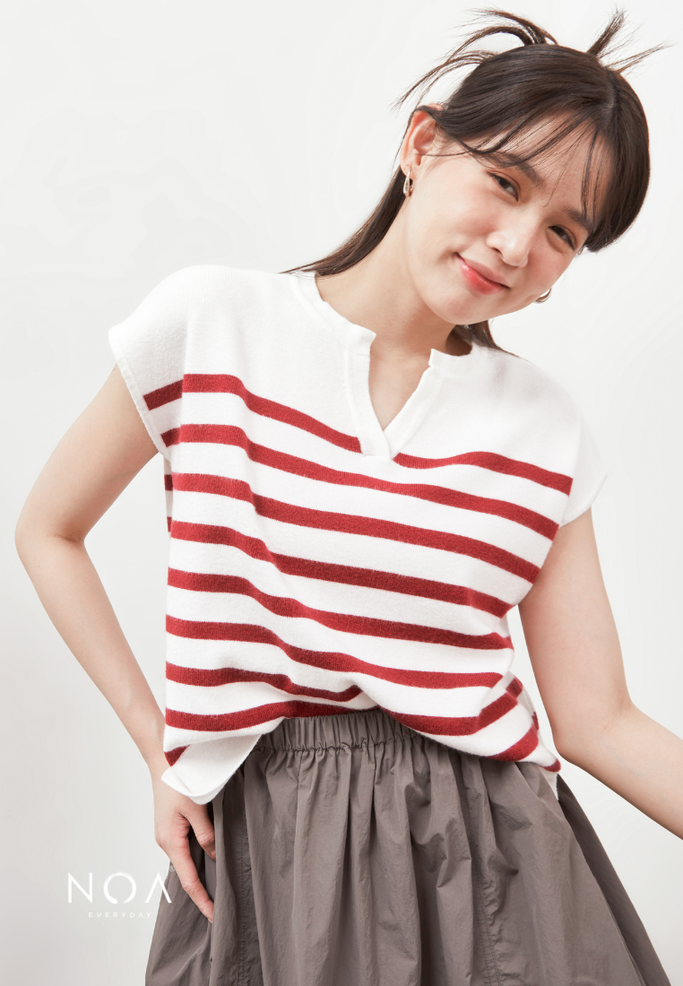 RYO Knitted Stripe V Neckline Sleeveless Blouse - Red