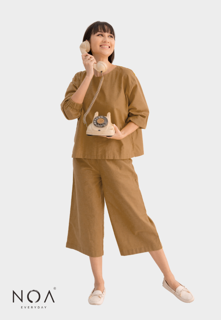 TAKIYO Long Sleeves Linen Basic Blouse - Brown