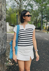 RYO Knitted Stripe V Neckline Sleeveless Blouse - White