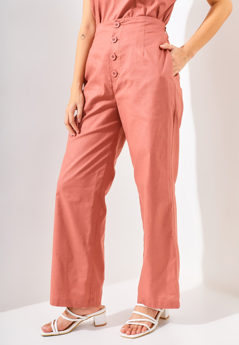 KIN Buttoned Culottes Linen Pants - Pink Rosee