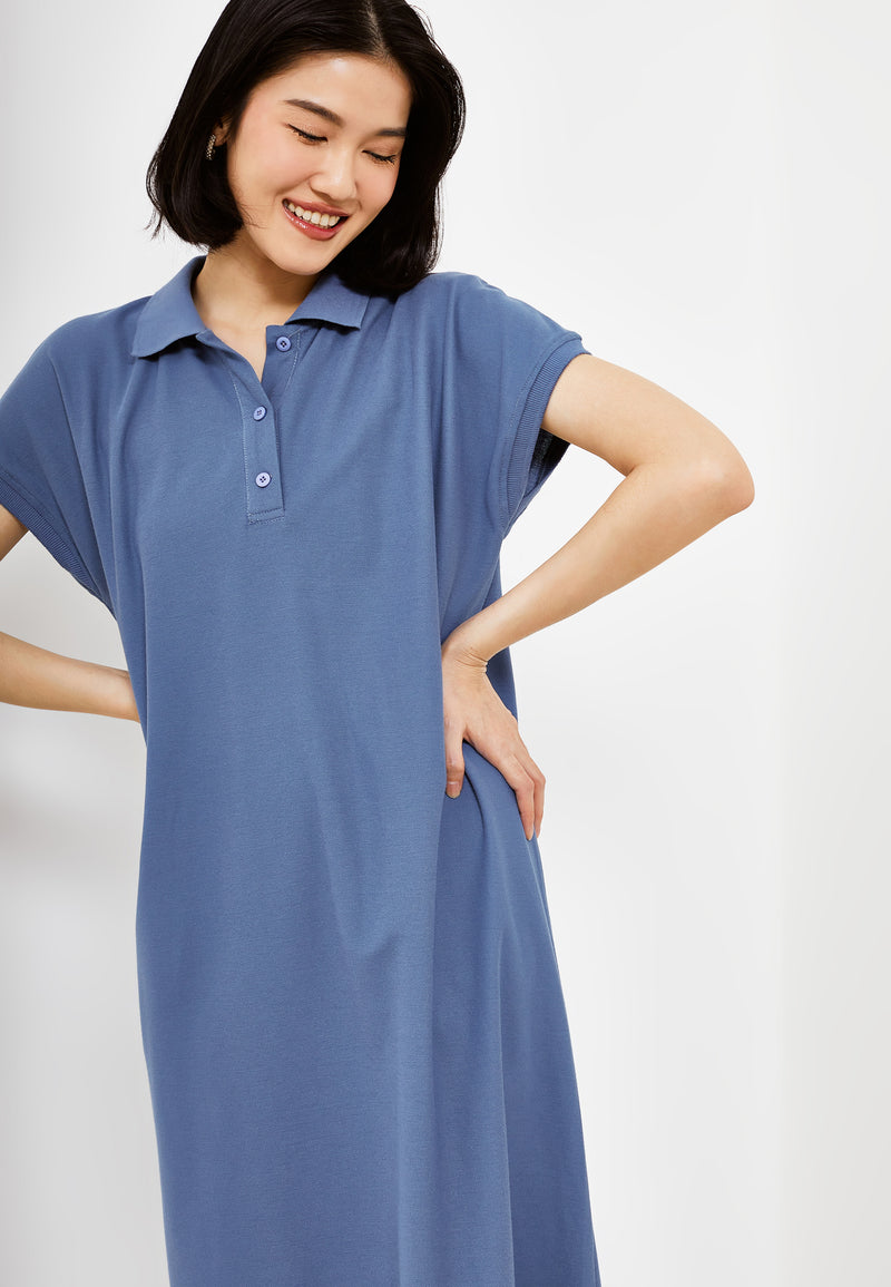 MIRAI Collar Knitted Long Dress - Denim Blue