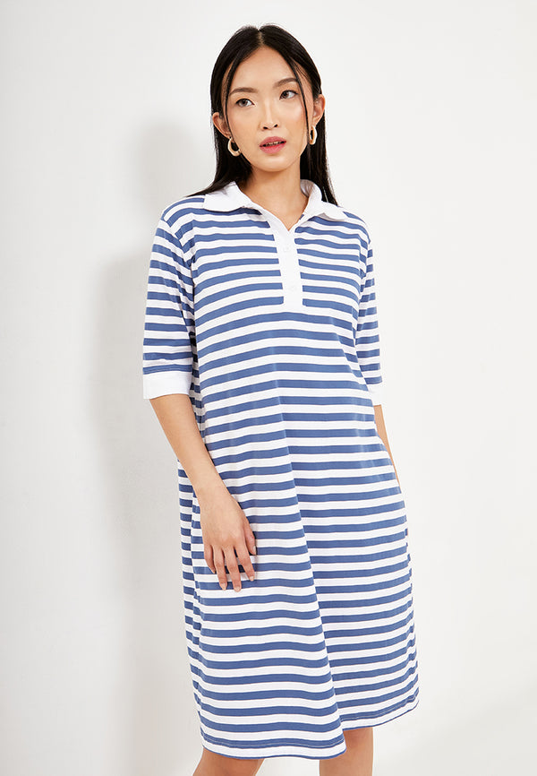 deals ~ HANAN Stripe Polo Dress - Blue Denim
