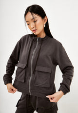 Deals ~ JUN  Sweatshirt Pocket Crop Jacket - Grey