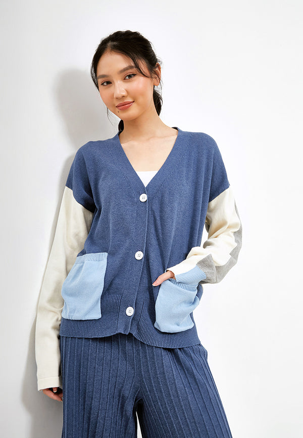 Deals ~ TOMOKO Pocket Color Knitted Cardigan - Blue Denim