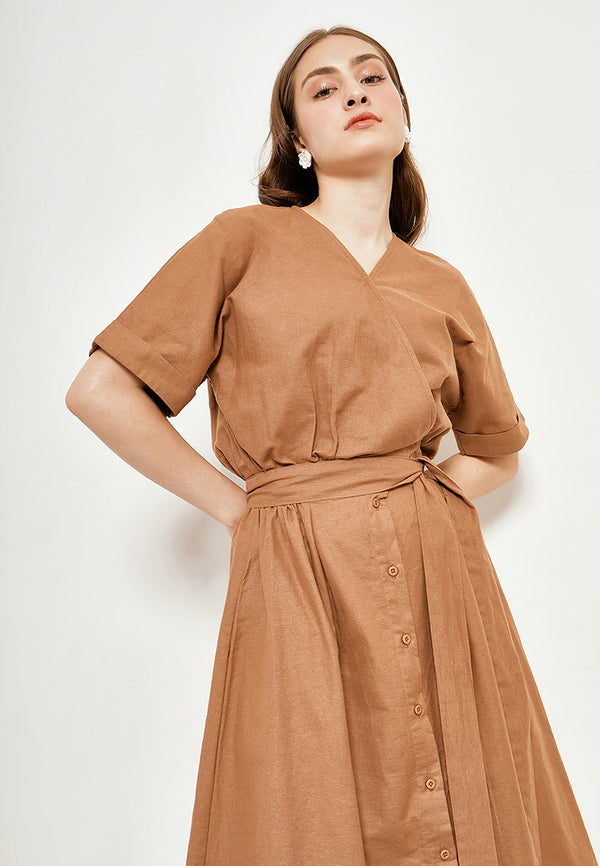 Best Price ~ KAIYA Wrap Linen Midi Dress - Brown