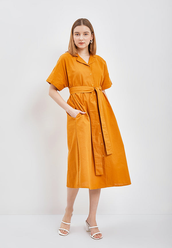 Best Price ~ SATOMI Linen Long Dress - Yellow Mustard